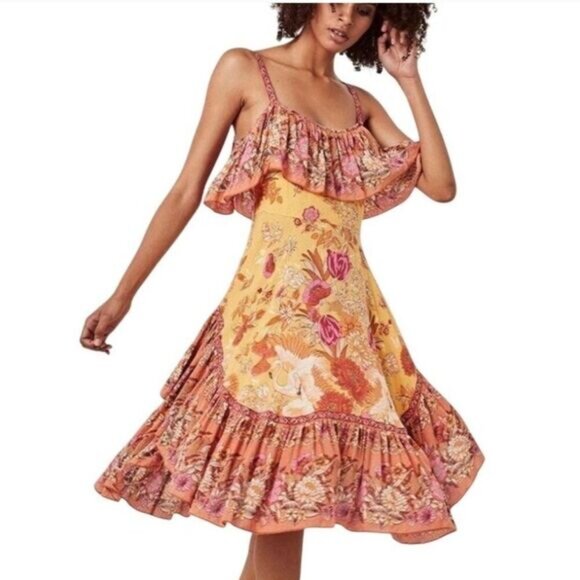 Spell And The Gypsy Siren Song Dress Yellow Flamingo Print Ruffle Size L - Picture 15 of 15